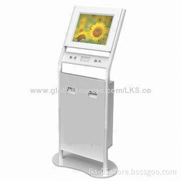 Queue machine kiosk with 19-inch touch screen and printer functions for hospital and bank